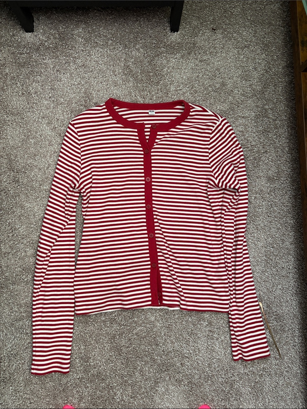 Uniqlo Red & White Striped Button-Front Cardigan
